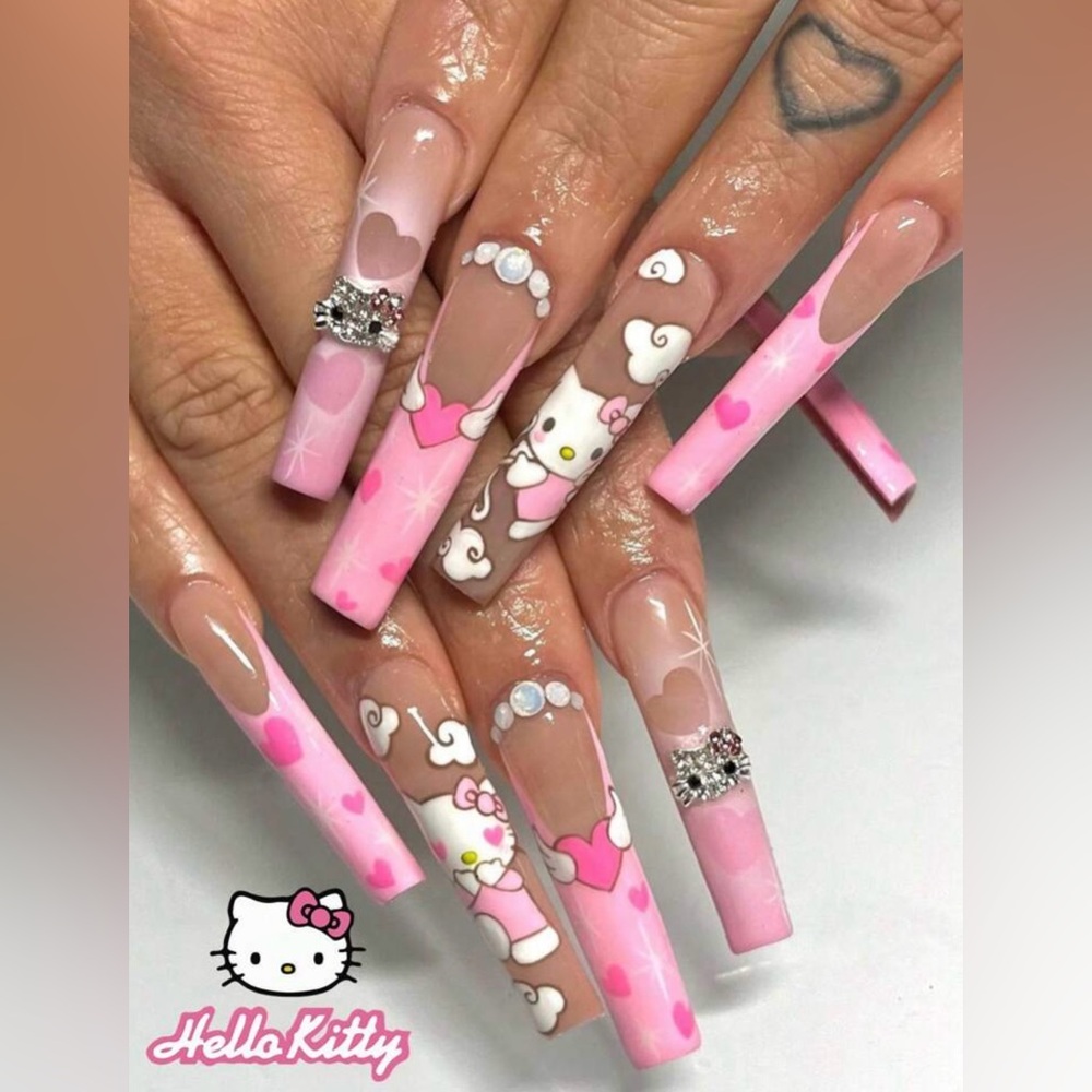 Sanrio 24 Pieces Hello Kitty Long Pink Coffin 3D Rhinestones Press-On Nails